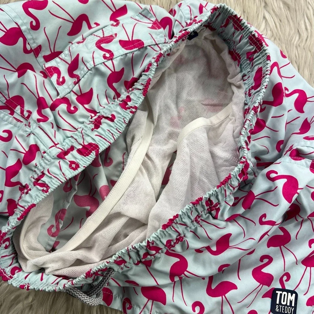 Tom & Teddy Men's M Mint Pink‎ Flamingo Print Swim Trunks Shorts